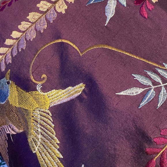 Embroidered Floral Pillow with Bird Design, 100 percent silk, down feathers - Picture 2 of 7